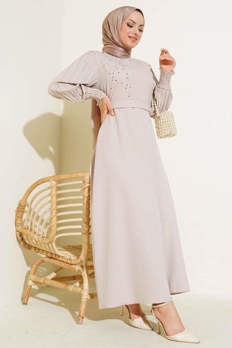 Sleeve Pleated Stone Abaya Stone