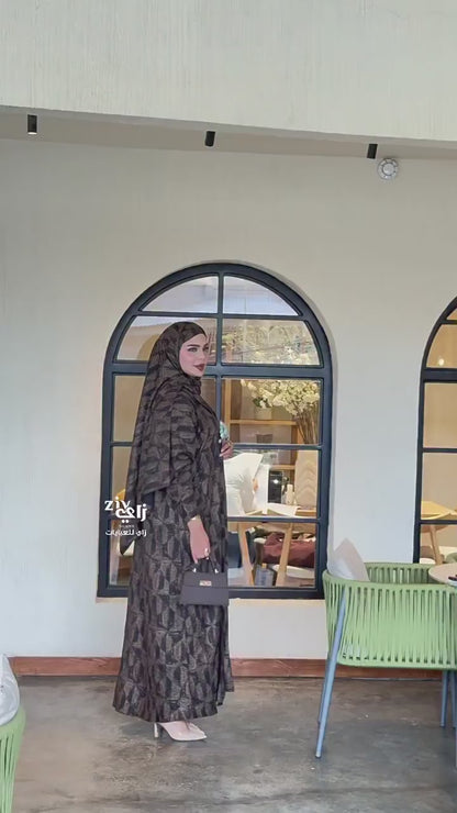 Luxury Brown Patterned Abaya with Matching Hijab | Elegant Modest Dress | Muslim Women’s Abaya | Occasion &amp; Everyday Wear