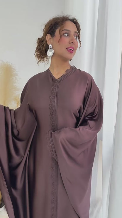 Luxury Satin Lace Trim Abaya