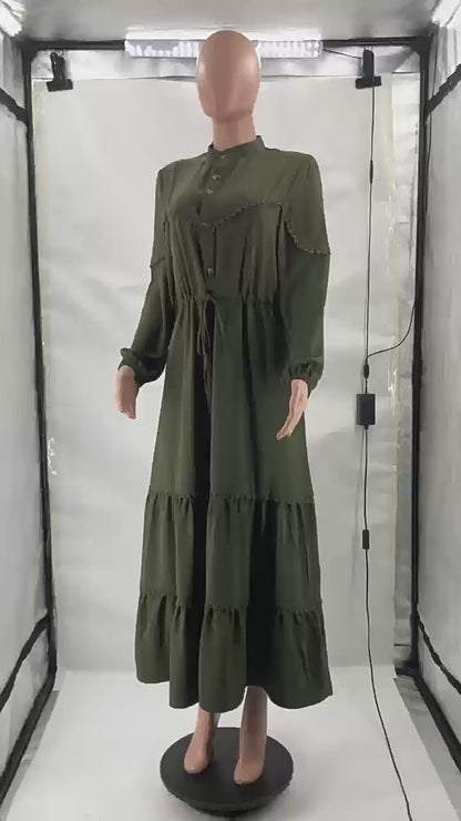 Elegant Olive Green Abaya Dress with Belt – Modest Long Sleeve Maxi Dress