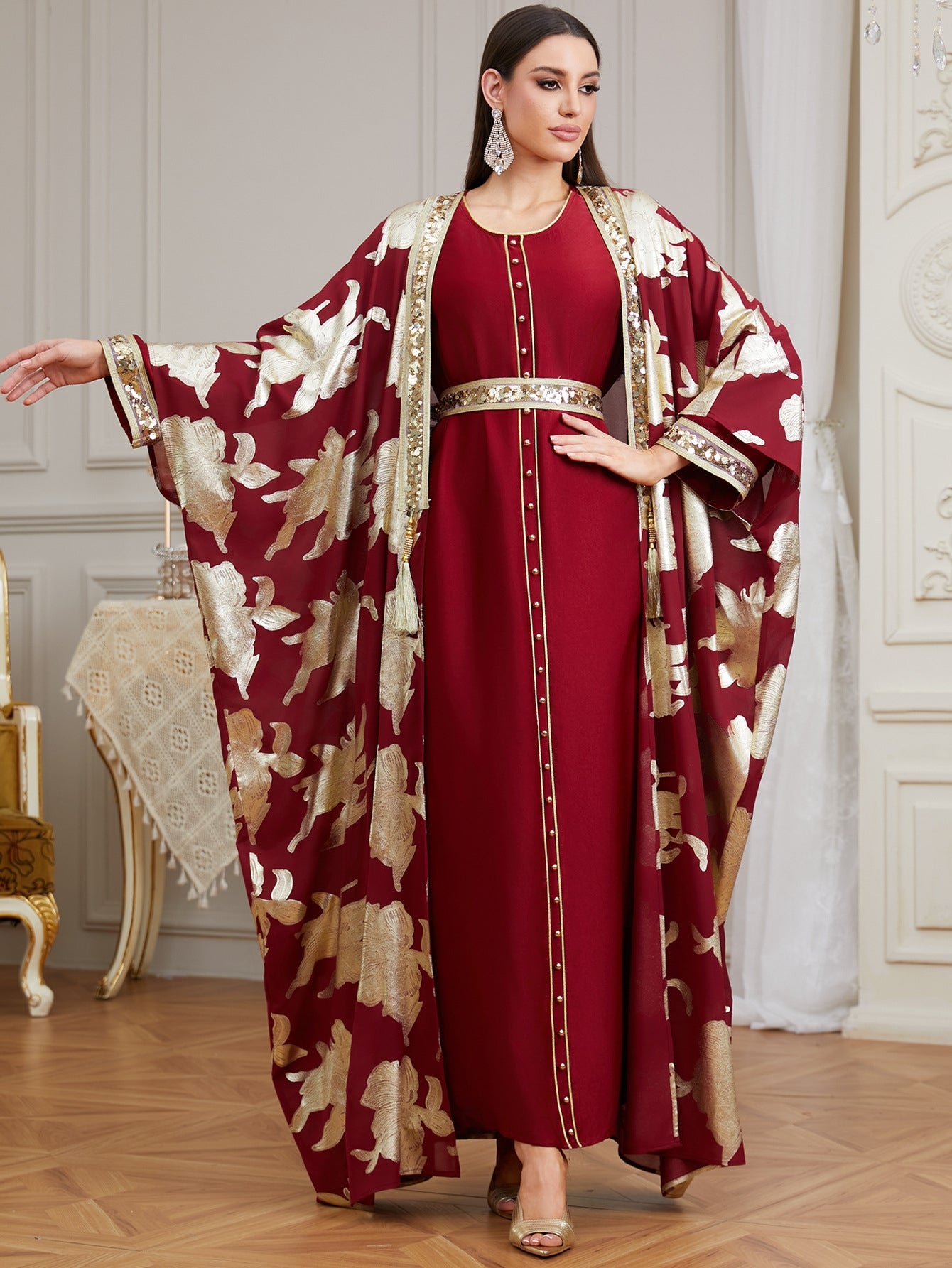 Luxury Burgundy Abaya Set, 2 Piece Kaftan, Gold Floral Open Abaya, Muslim Dress, Modest Dress, Eid Outfit, Party Dress
