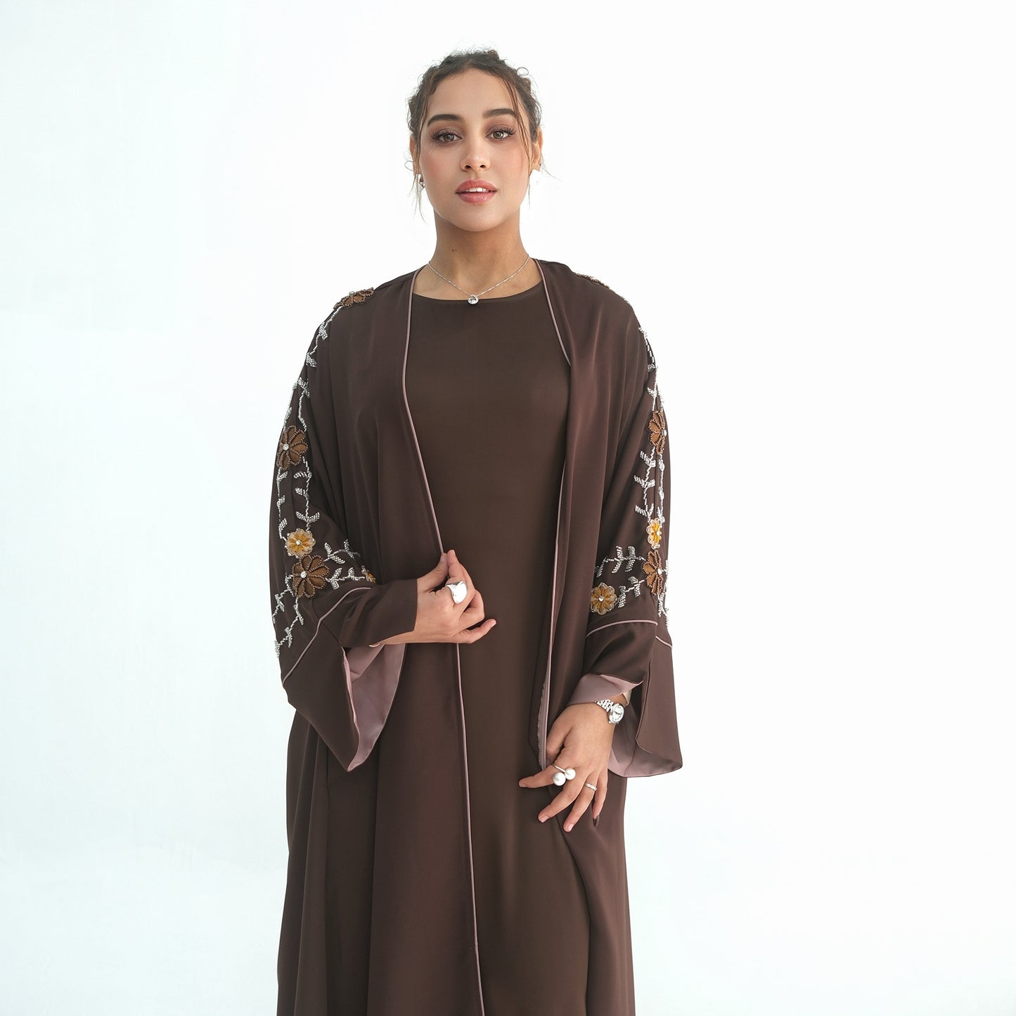 Handmade Beaded Open Abaya for Women | Long Sleeve Cardigan