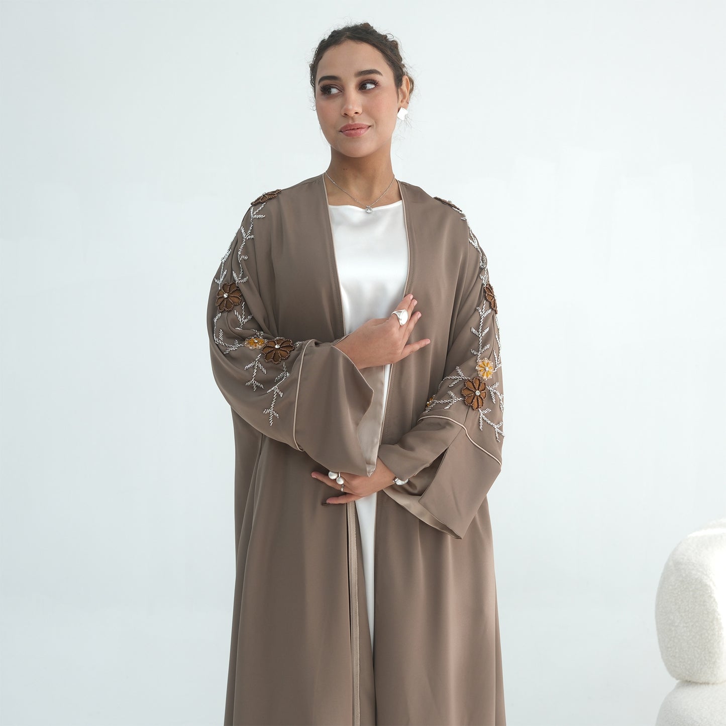 Handmade Beaded Open Abaya for Women | Long Sleeve Cardigan