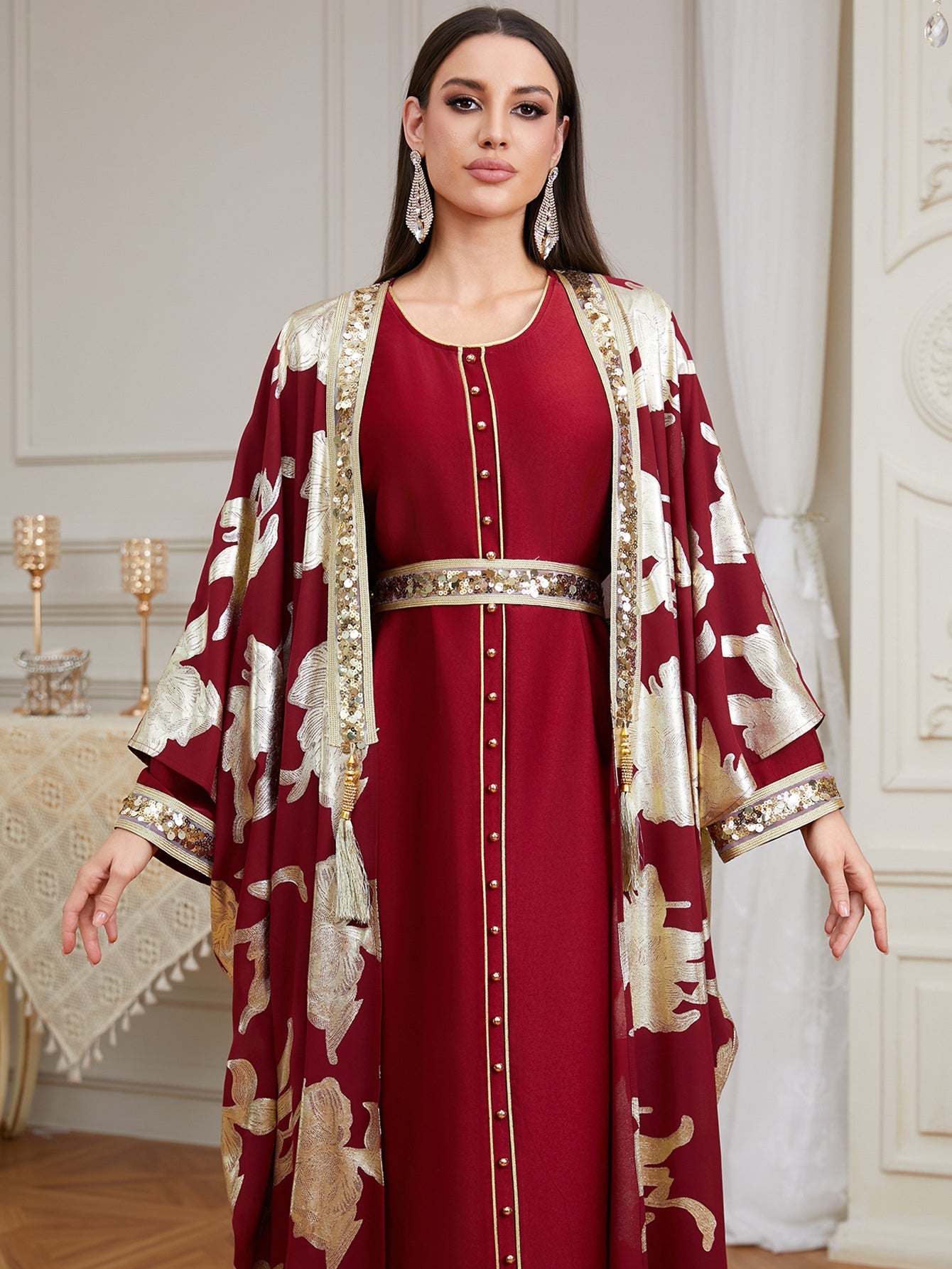 Luxury Burgundy Abaya Set, 2 Piece Kaftan, Gold Floral Open Abaya, Muslim Dress, Modest Dress, Eid Outfit, Party Dress