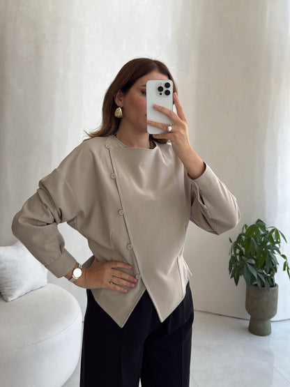 Women's Linen Wrap Jacket – Asymmetric Button Design