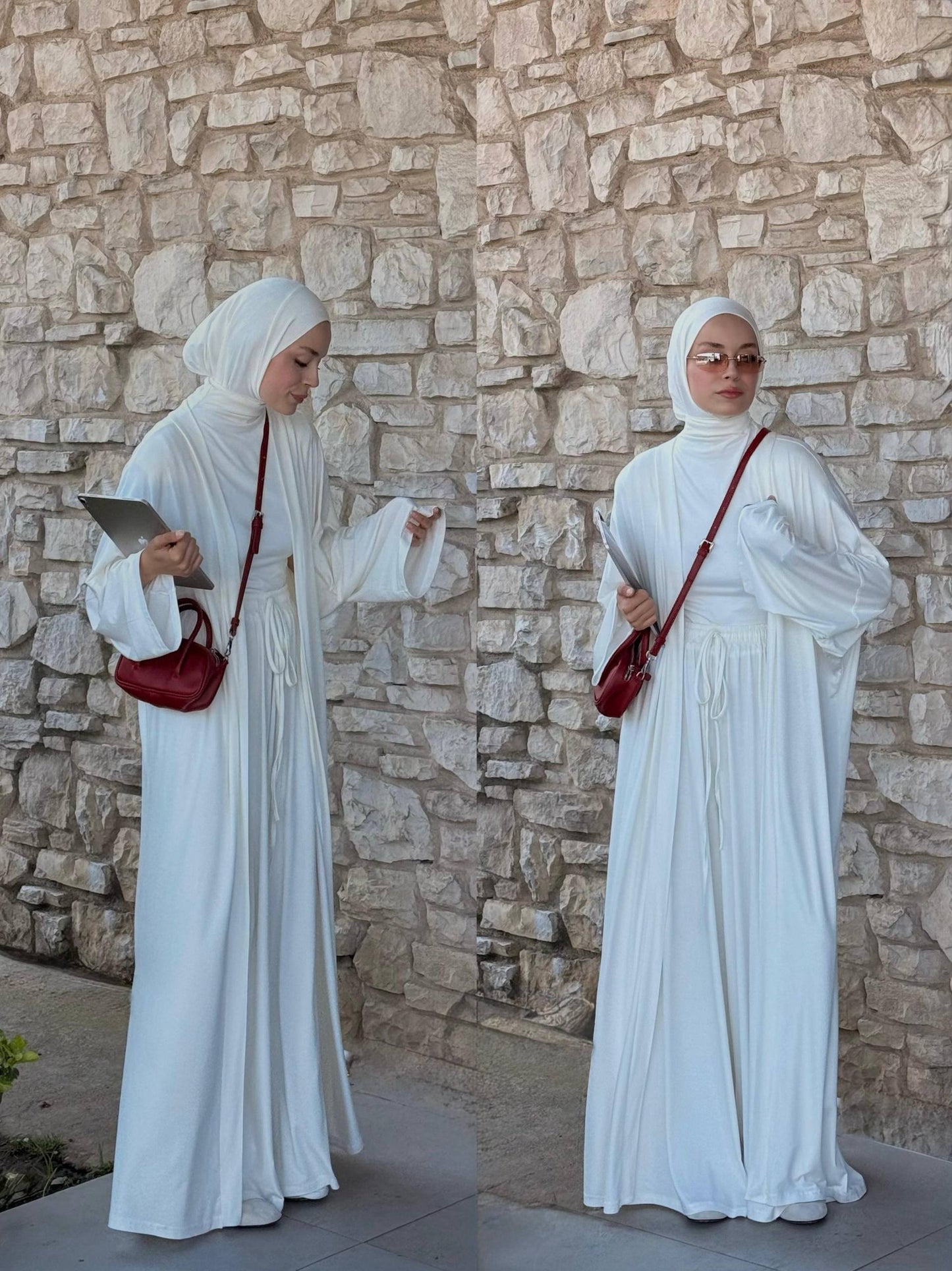Luxury Modest Wear Set | White Abaya with Drawstring Waist