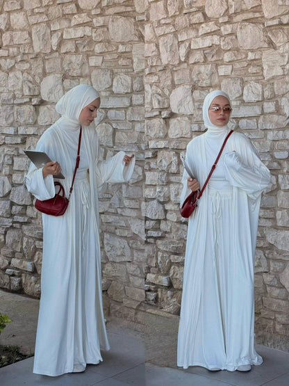 Luxury Modest Wear Set | White Abaya with Drawstring Waist