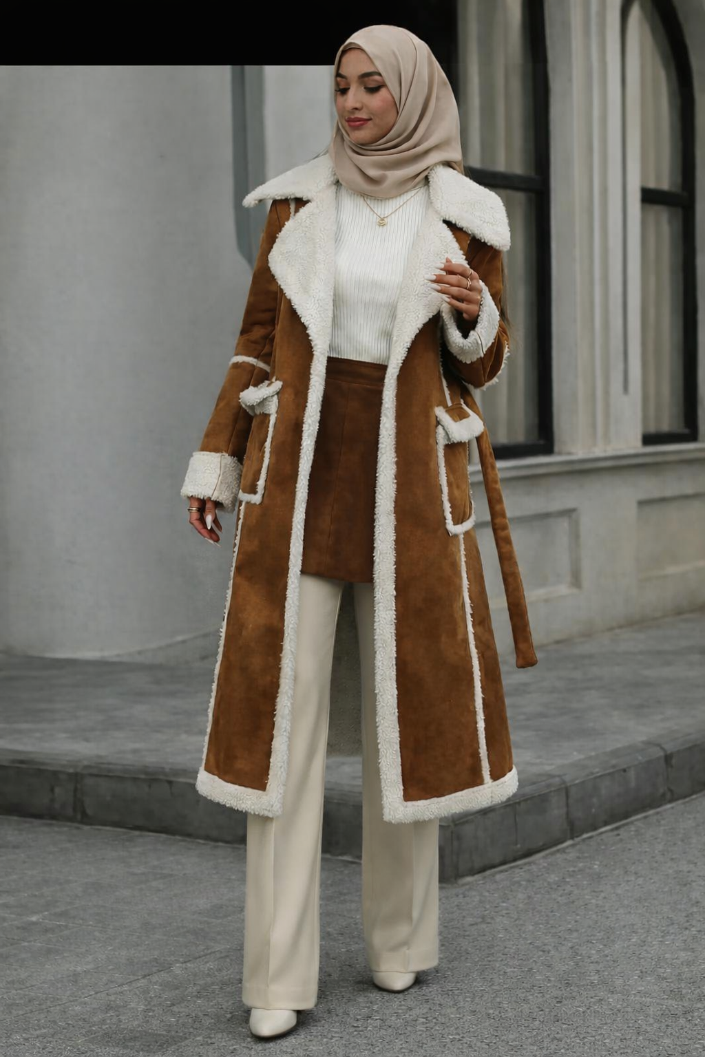 Elegant long winter coat designed for comfort and warmth.