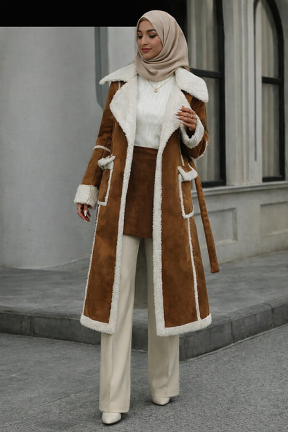 Elegant long winter coat designed for comfort and warmth.