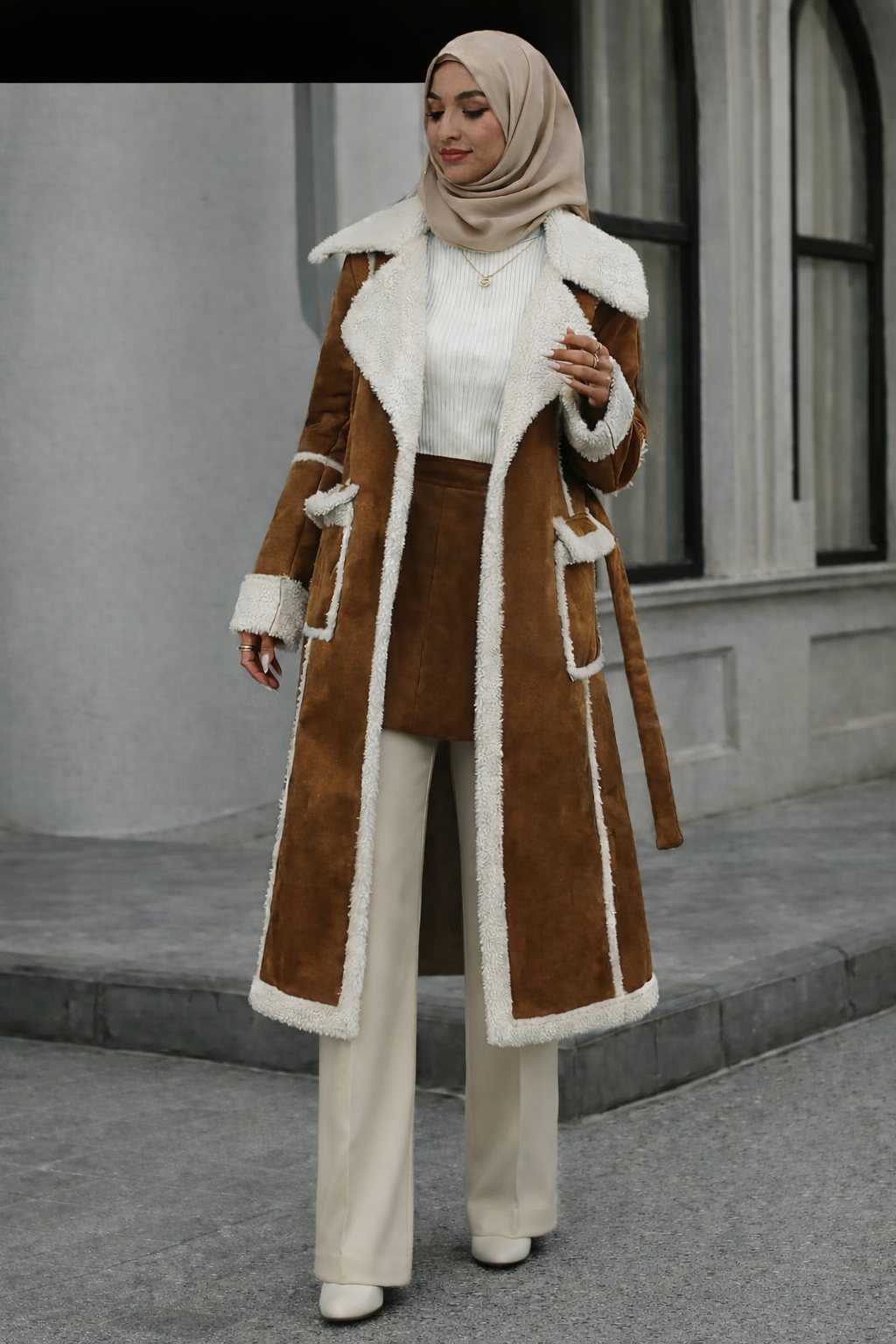 Elegant long winter coat designed for comfort and warmth.