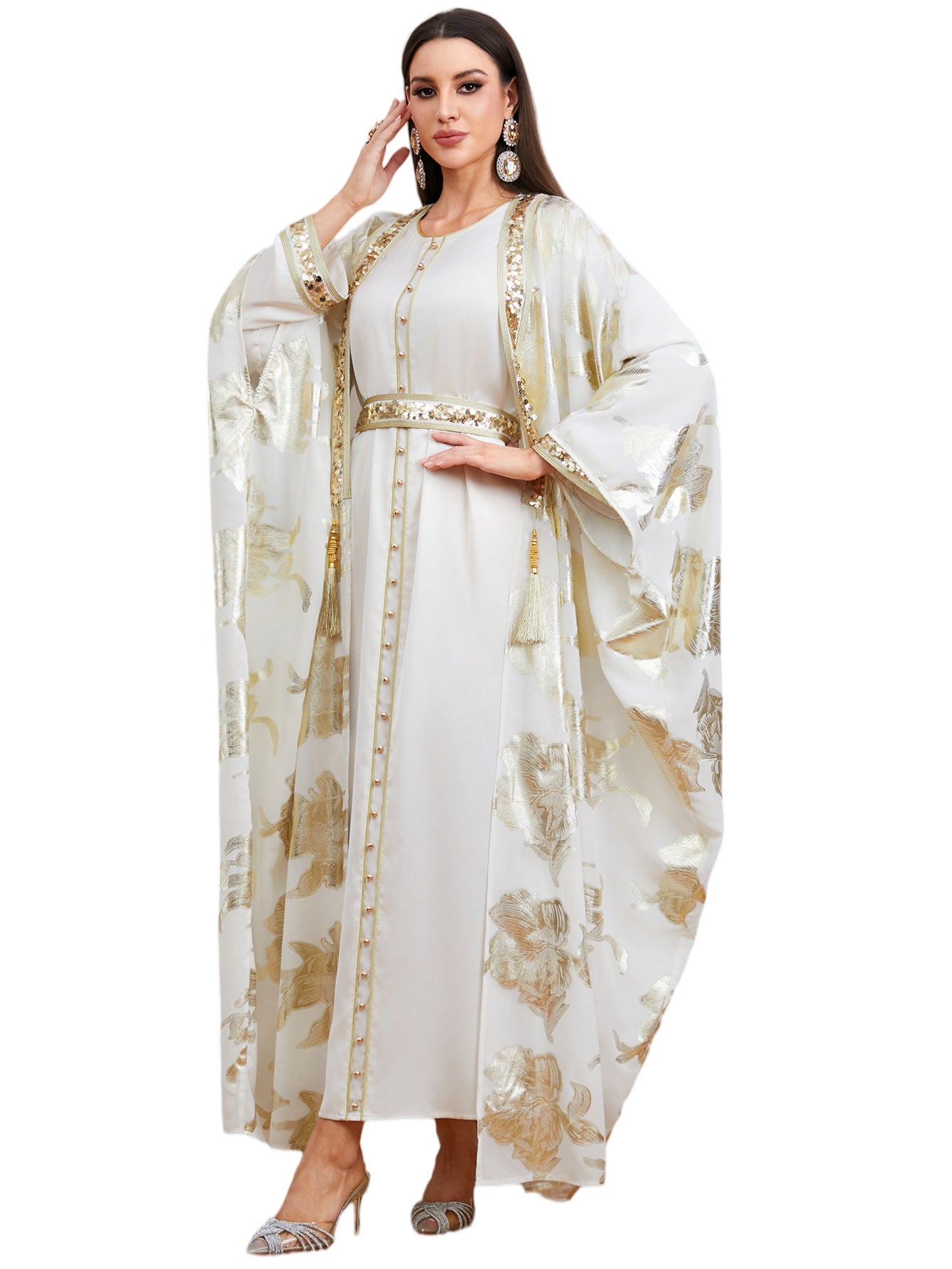 Luxury White & Gold Butterfly Abaya | Elegant Muslim Kaftan Dress | Dubai Style Open Abaya | Modest Islamic Clothing | Eid Prayer Dress