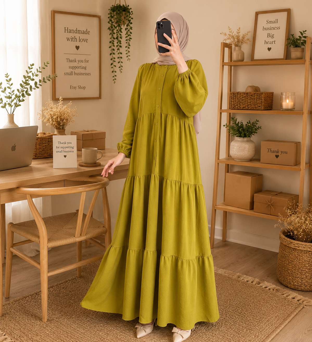 Modest Maxi Dress for Women | Long Sleeve Tiered Abaya Dress | Loose Fit Muslim Dress | Casual Elegant Maxi Gown