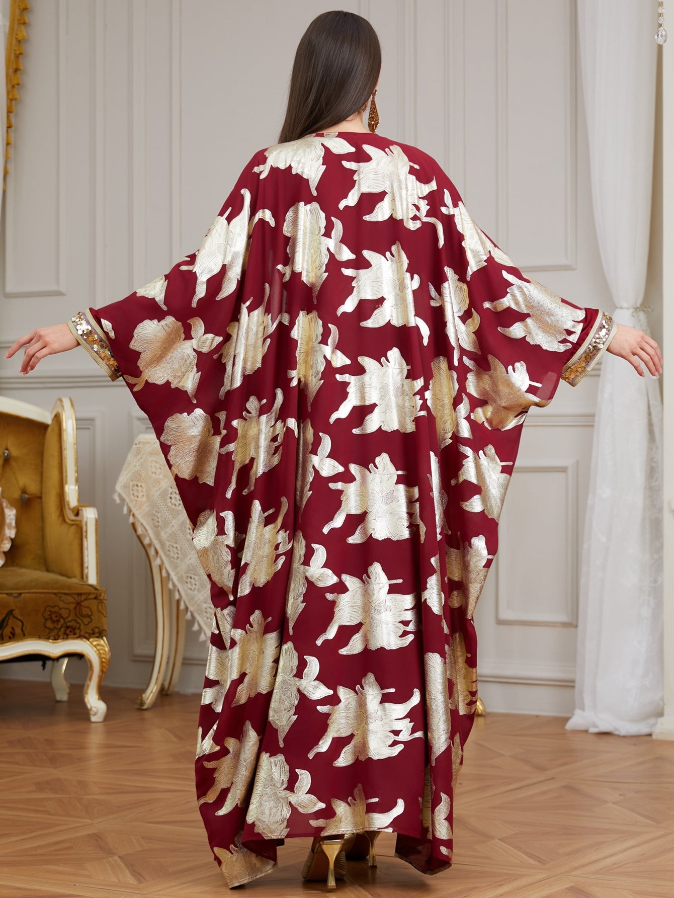 Luxury Burgundy Abaya Set, 2 Piece Kaftan, Gold Floral Open Abaya, Muslim Dress, Modest Dress, Eid Outfit, Party Dress
