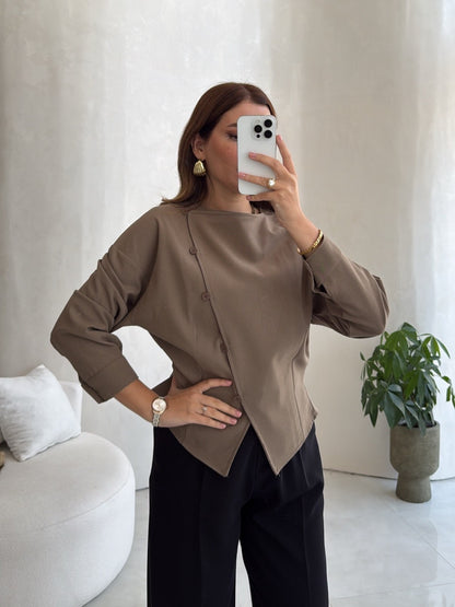 Women's Linen Wrap Jacket – Asymmetric Button Design