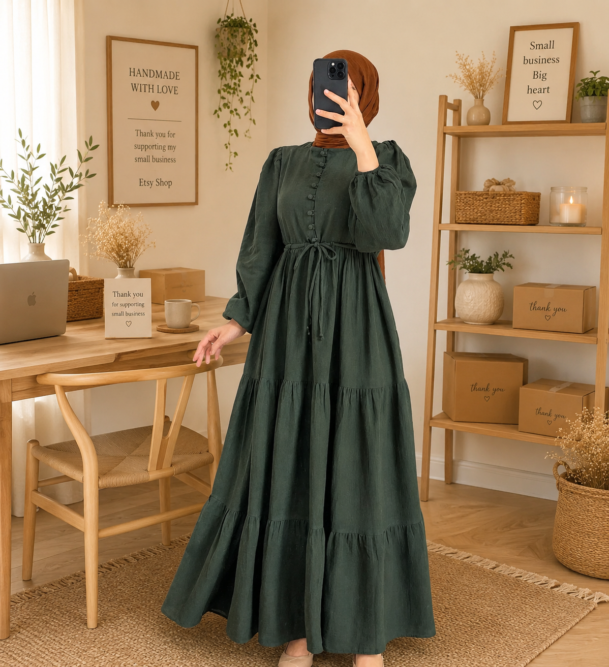 Modest Maxi Dress for Women | Long Sleeve Tiered Abaya Dress | Loose Fit Muslim Dress | Casual Elegant Maxi Gown