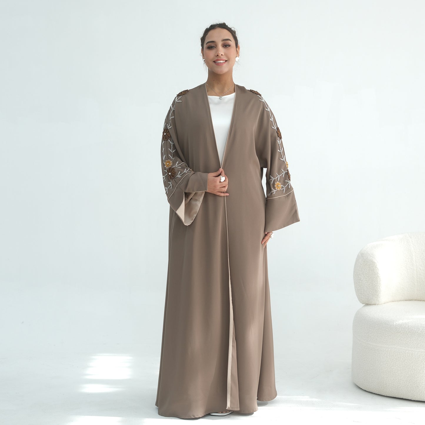 Handmade Beaded Open Abaya for Women | Long Sleeve Cardigan