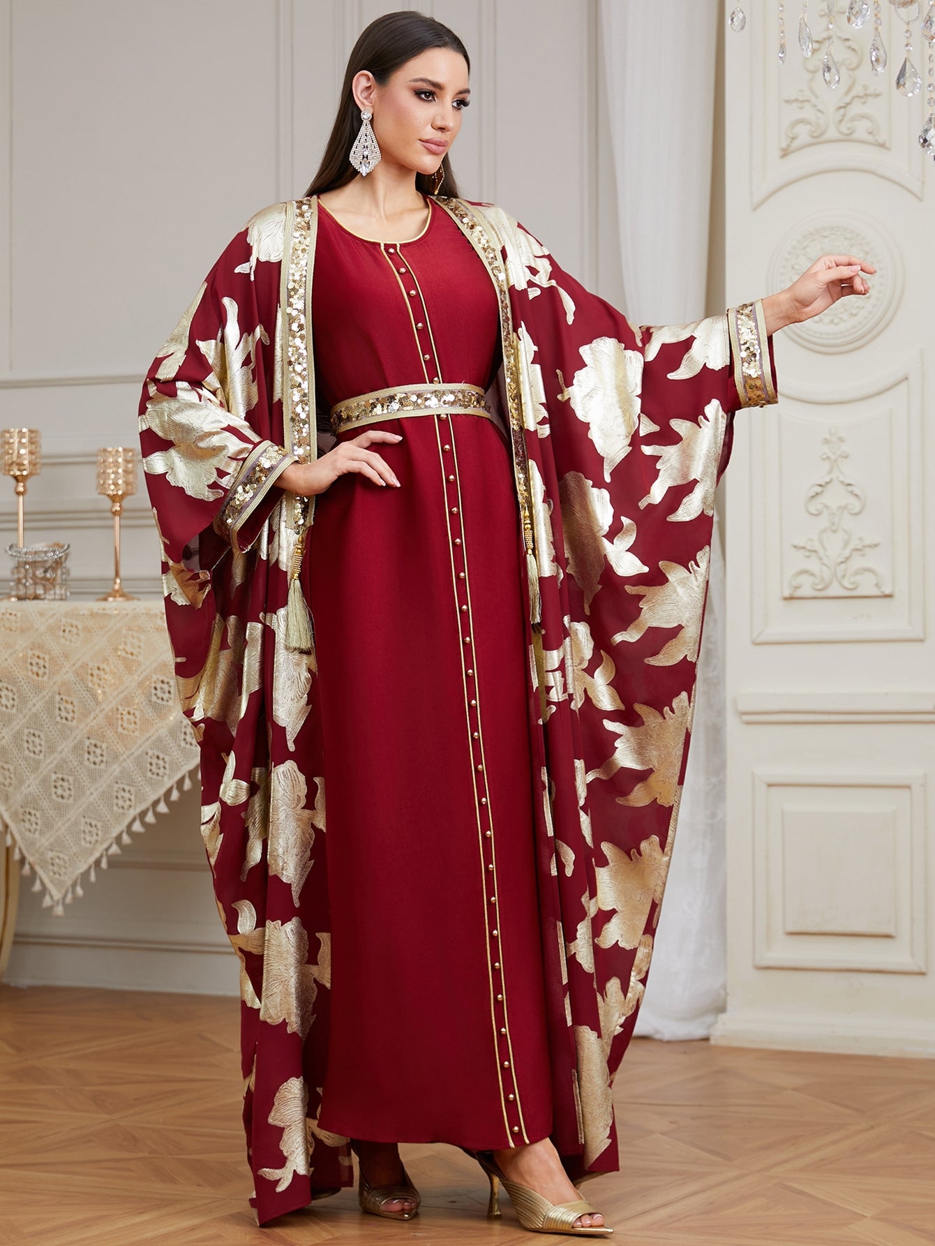 Luxury Burgundy Abaya Set, 2 Piece Kaftan, Gold Floral Open Abaya, Muslim Dress, Modest Dress, Eid Outfit, Party Dress