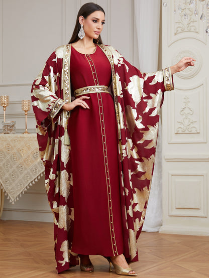 Luxury Burgundy Abaya Set, 2 Piece Kaftan, Gold Floral Open Abaya, Muslim Dress, Modest Dress, Eid Outfit, Party Dress