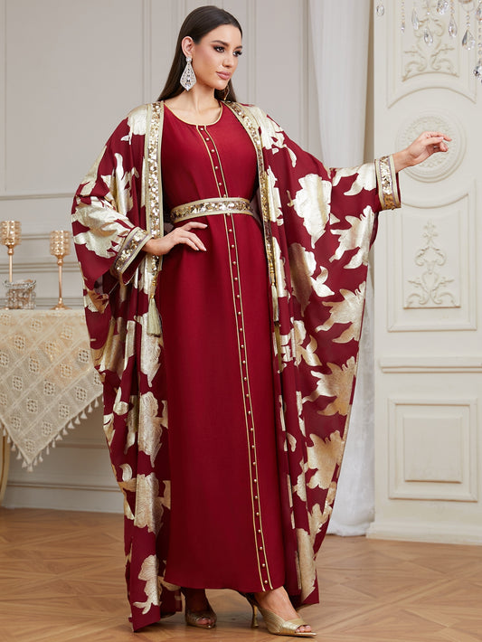 Luxury Burgundy Abaya Set, 2 Piece Kaftan, Gold Floral Open Abaya, Muslim Dress, Modest Dress, Eid Outfit, Party Dress