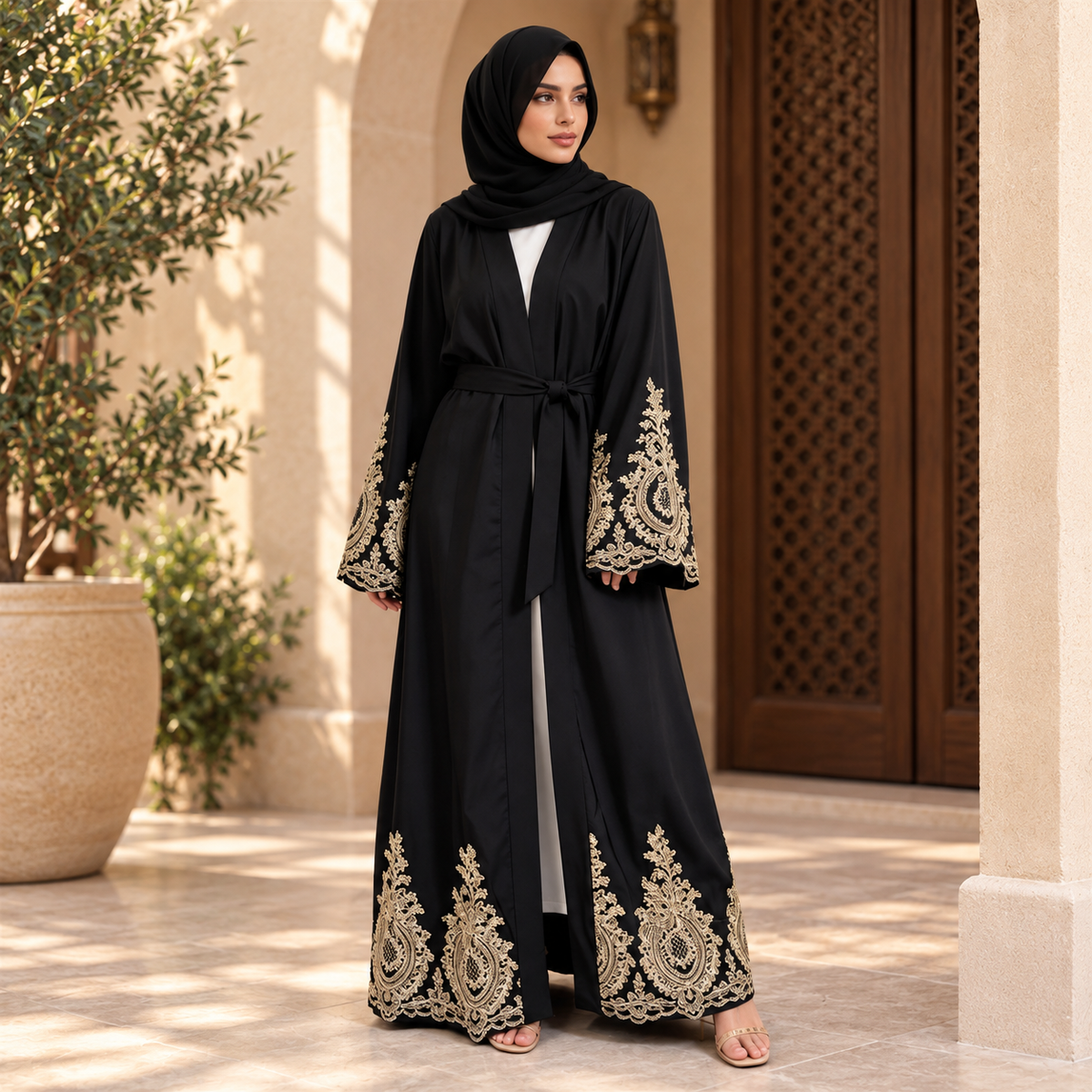 Black Abaya with Gold Embroidery | Elegant Modest Abaya with Hijab