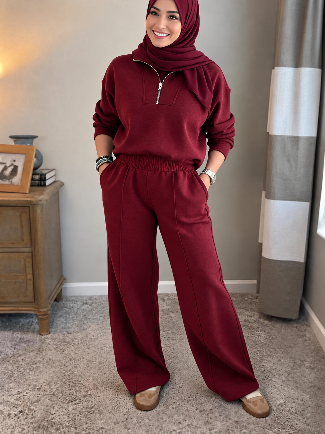 Women's Quarter-Zip Tracksuit Set – Wide-Leg Trousers