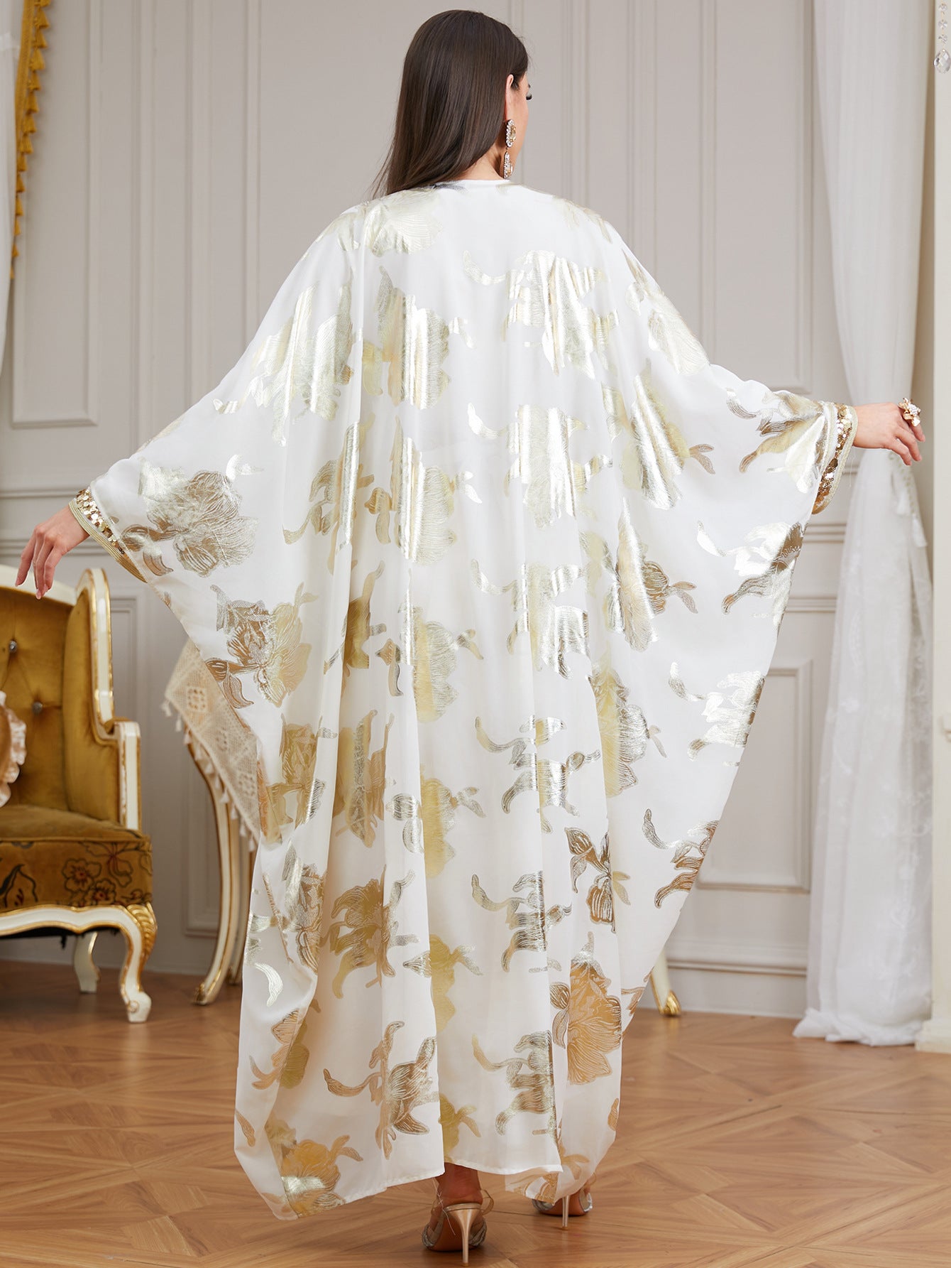 Luxury White & Gold Butterfly Abaya | Elegant Muslim Kaftan Dress | Dubai Style Open Abaya | Modest Islamic Clothing | Eid Prayer Dress