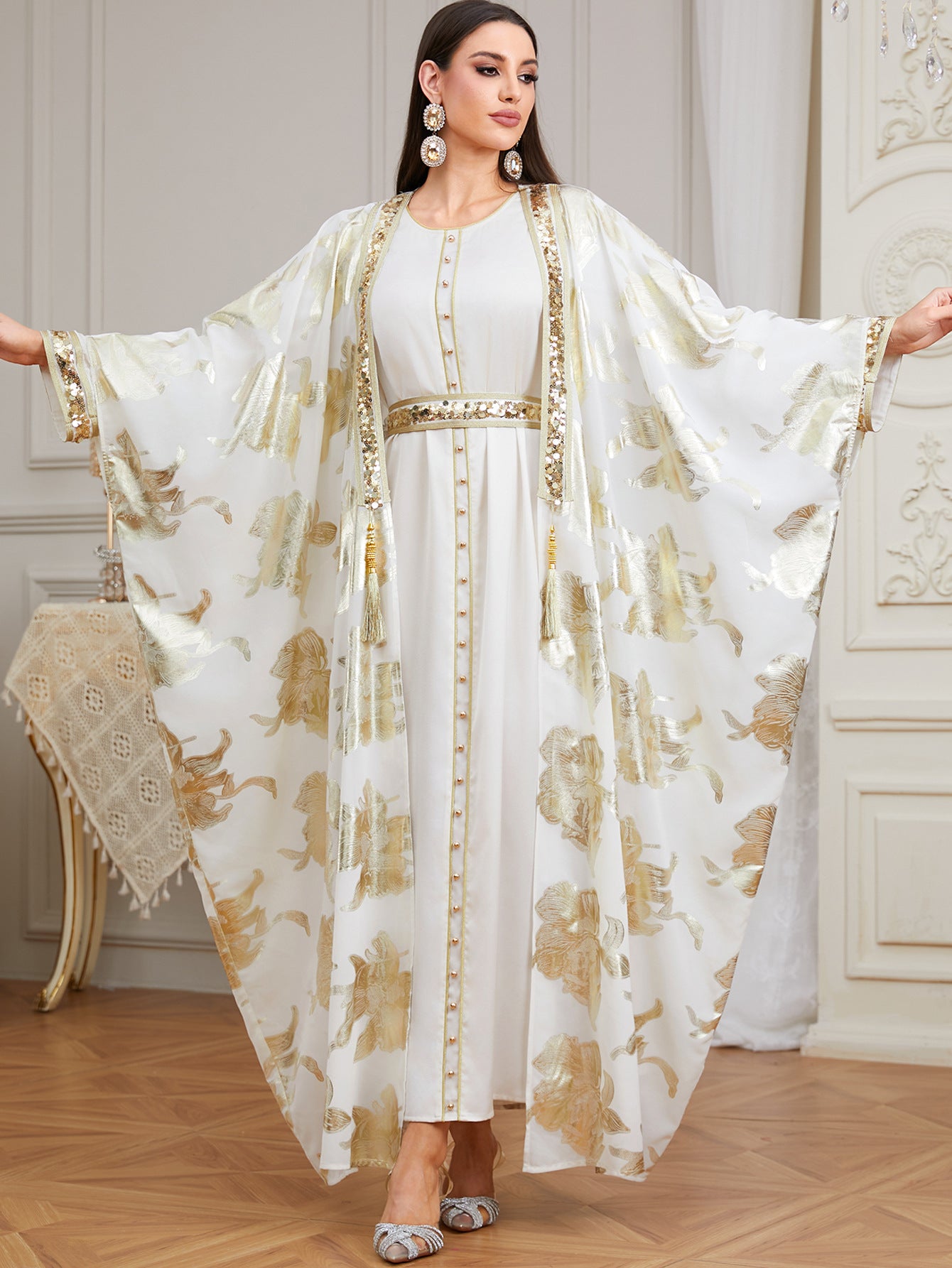 Luxury White & Gold Butterfly Abaya | Elegant Muslim Kaftan Dress | Dubai Style Open Abaya | Modest Islamic Clothing | Eid Prayer Dress