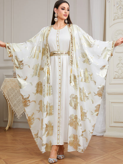 Luxury White & Gold Butterfly Abaya | Elegant Muslim Kaftan Dress | Dubai Style Open Abaya | Modest Islamic Clothing | Eid Prayer Dress