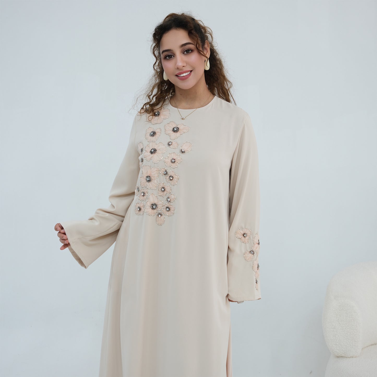 Handmade Beaded Flower Embroidered Abaya with Inner Dress