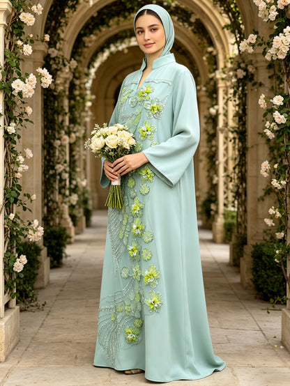 Abaya Mint Green Floral Embroidered Abaya
