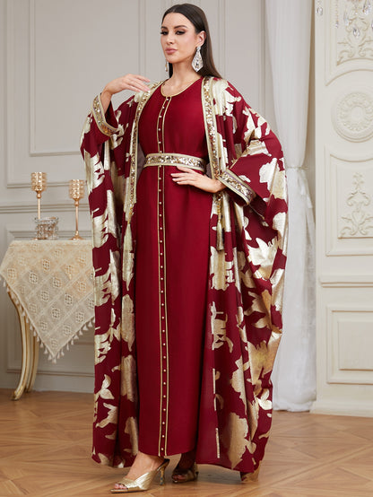 Luxury Burgundy Abaya Set, 2 Piece Kaftan, Gold Floral Open Abaya, Muslim Dress, Modest Dress, Eid Outfit, Party Dress