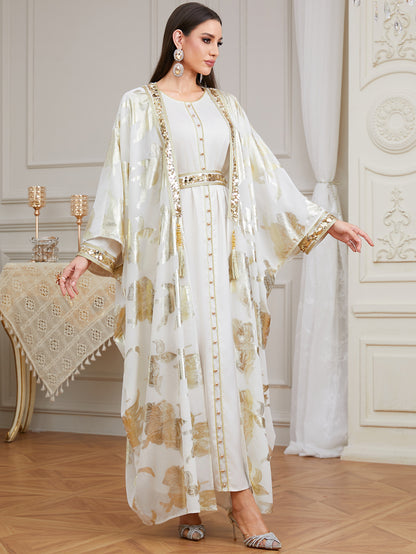 Luxury White & Gold Butterfly Abaya | Elegant Muslim Kaftan Dress | Dubai Style Open Abaya | Modest Islamic Clothing | Eid Prayer Dress