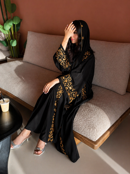 Black Abaya with Gold Embroidery – Elegant Modest Cardigan Set