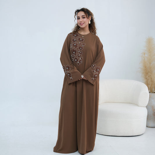 Abaya with Inner Dress Handmade Beaded Flower Embroidered