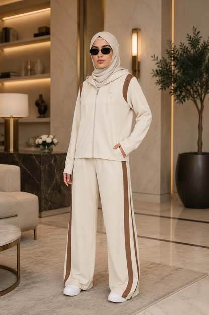 Cream & Brown Modest Tracksuit Set
