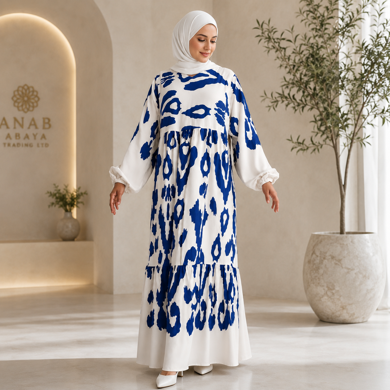 Elegant Blue & White Cotton Maxi Dress | Modest Summer Style