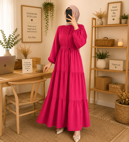 Modest Maxi Dress for Women | Long Sleeve Tiered Abaya Dress | Loose Fit Muslim Dress | Casual Elegant Maxi Gown