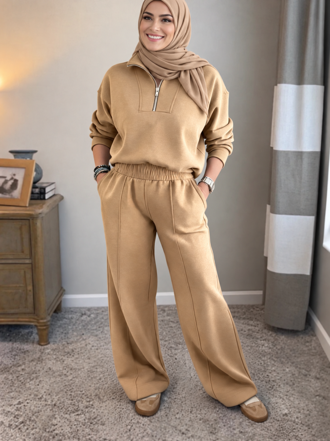 Women's Quarter-Zip Tracksuit Set – Wide-Leg Trousers
