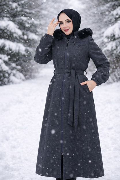 Women elegant Navy Long Coat – Belted waist, zip-up design