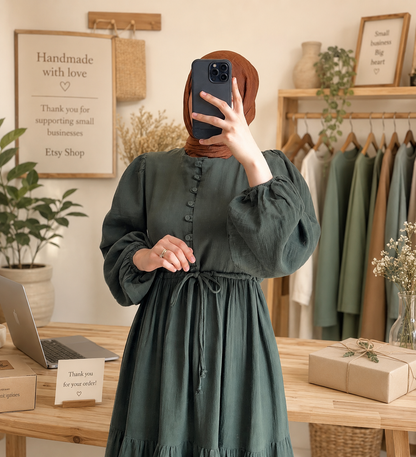 Modest Maxi Dress for Women | Long Sleeve Tiered Abaya Dress | Loose Fit Muslim Dress | Casual Elegant Maxi Gown