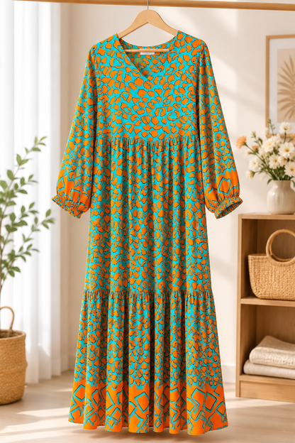 Boho Print Maxi Dress | Long Sleeve Modest Dress | Colorful Casual Dress | Women’s Loose Fit Dress