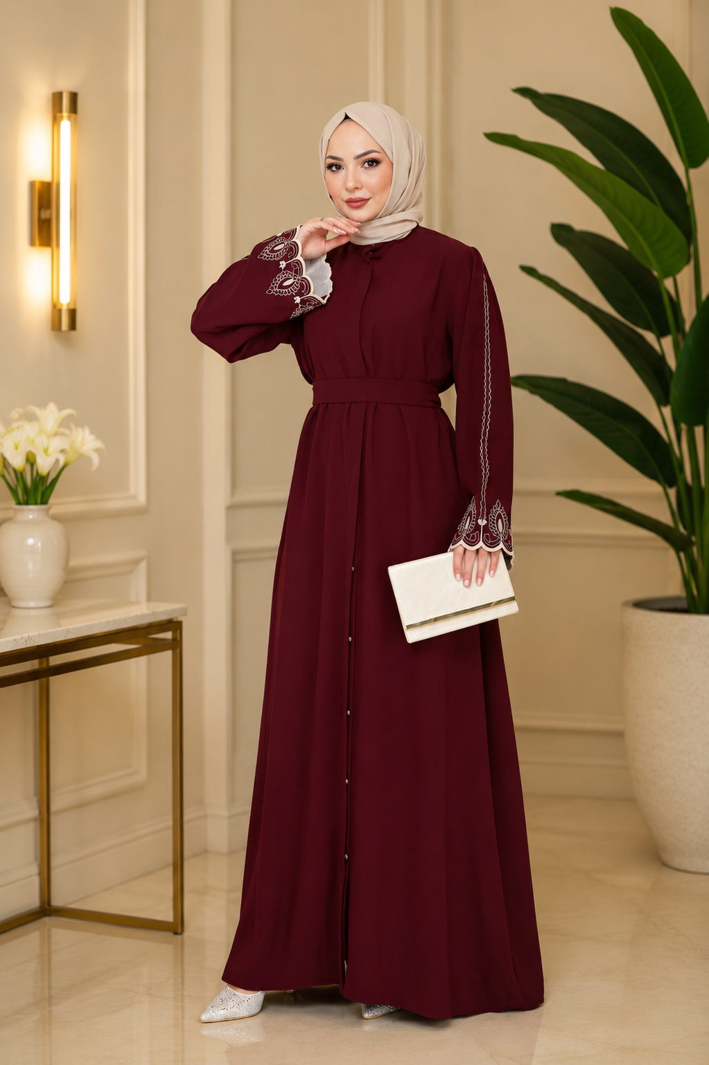 Abaya Luxury Embroidered Sleeve Abaya Dress – Elegant