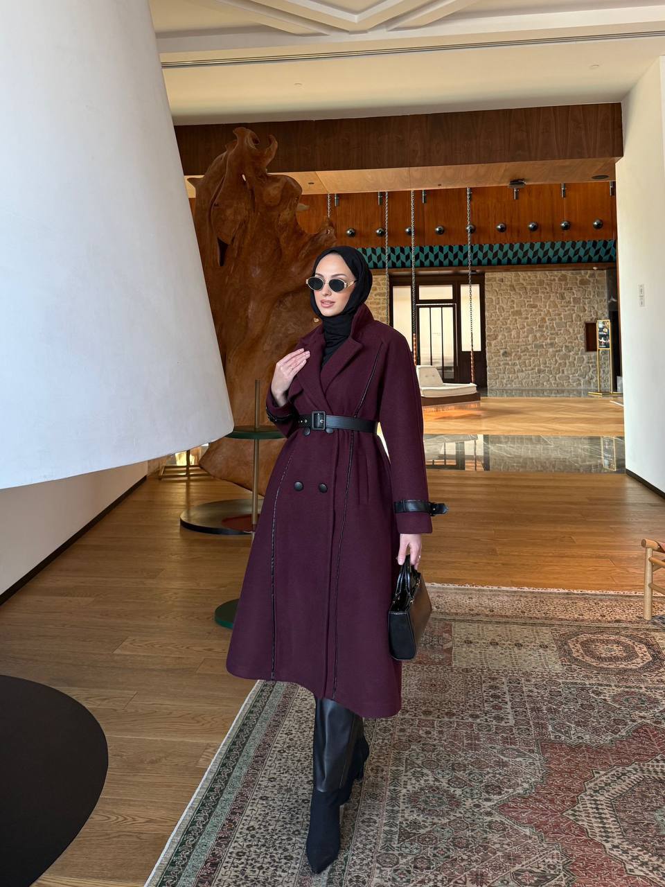 long coat, Brown leather belted.
