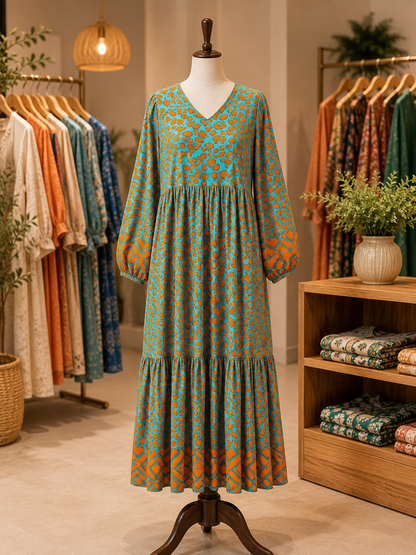 Boho Print Maxi Dress | Long Sleeve Modest Dress | Colorful Casual Dress | Women’s Loose Fit Dress