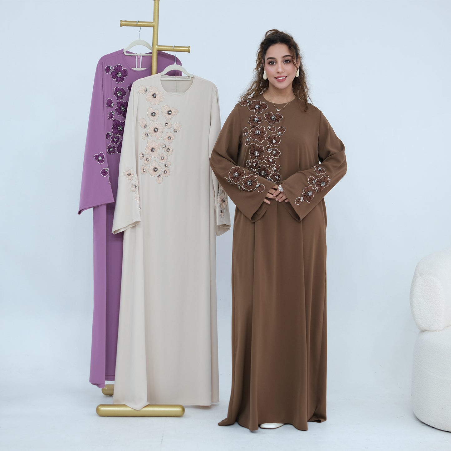 Handmade Beaded Flower Embroidered Abaya with Inner Dress