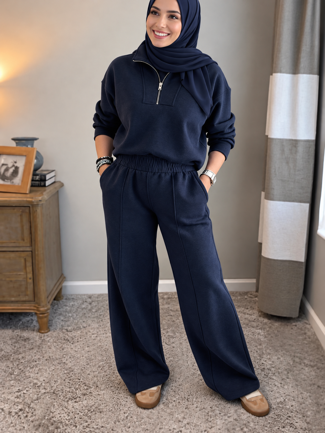 Women's Quarter-Zip Tracksuit Set – Wide-Leg Trousers