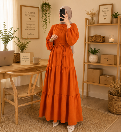 Modest Maxi Dress for Women | Long Sleeve Tiered Abaya Dress | Loose Fit Muslim Dress | Casual Elegant Maxi Gown
