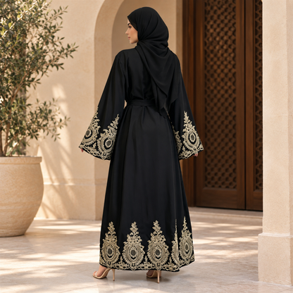 Black Abaya with Gold Embroidery | Elegant Modest Abaya with Hijab