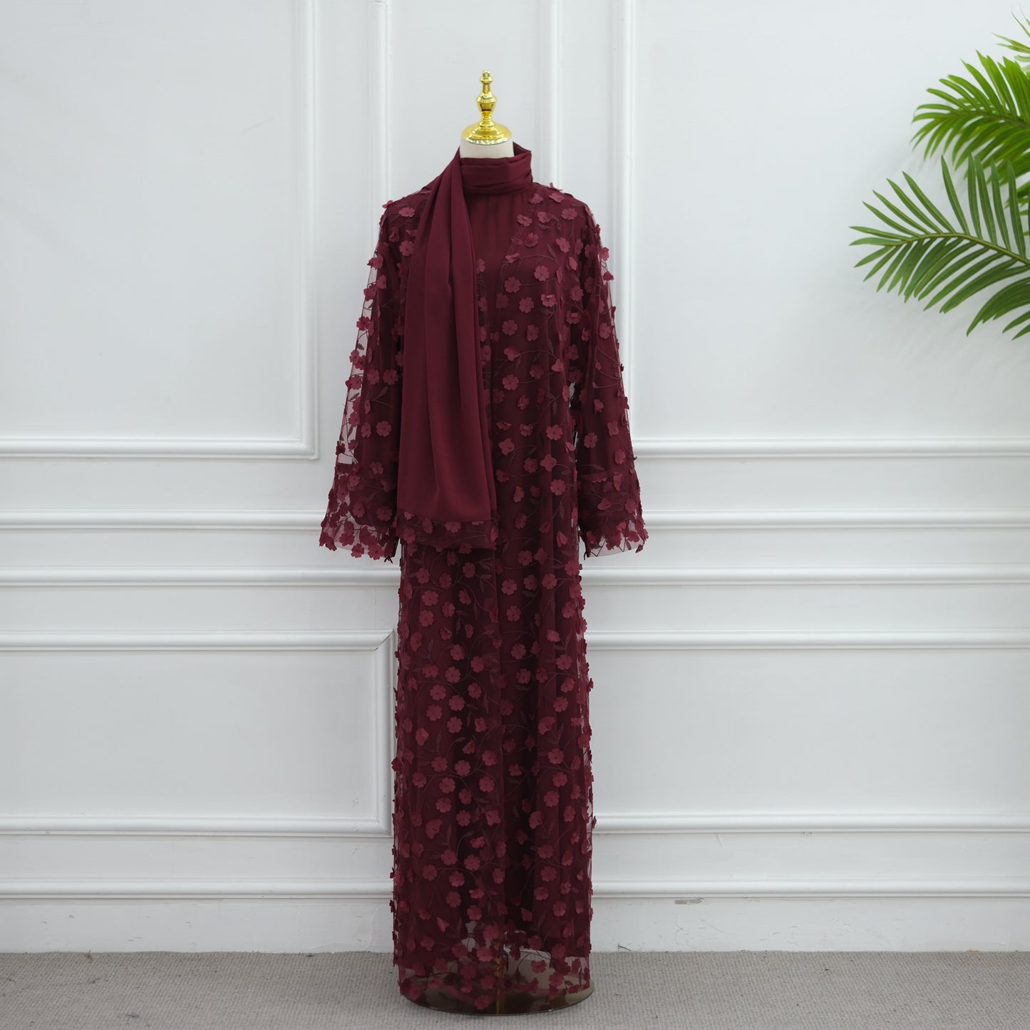 Luxury 3-Piece Floral Embroidery Abaya Set with Matching Hijab