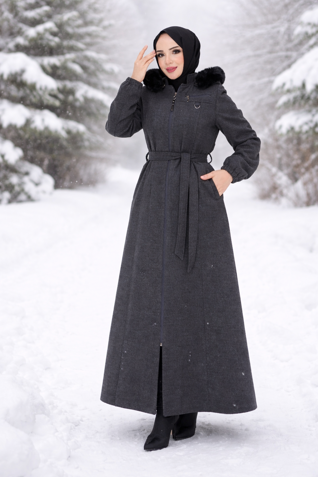 Women elegant Navy Long Coat – Belted waist, zip-up design